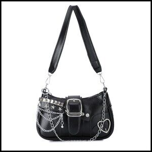 Y2K Punk Goth Shoulder Bag Vintage Saddle Handbag with Heart Stud Details